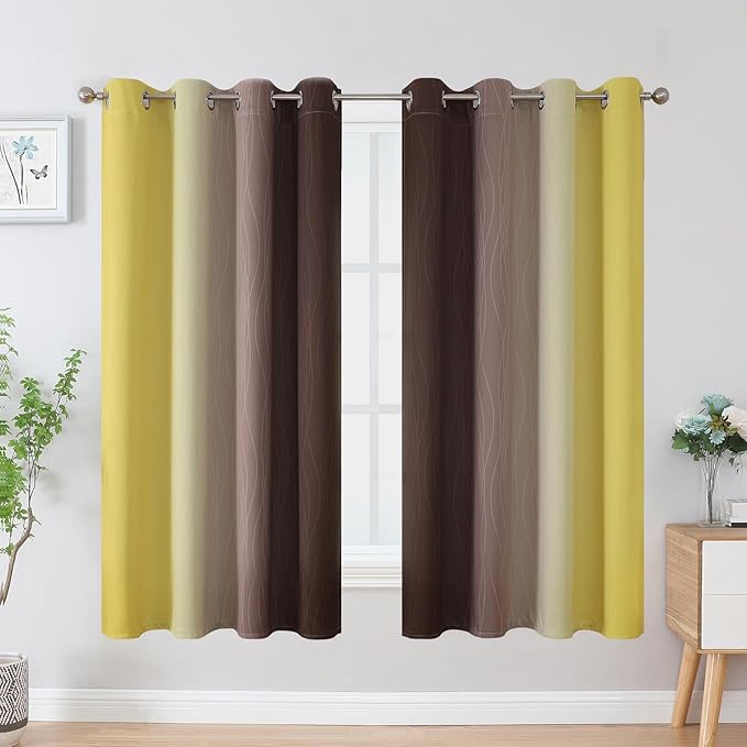 Estelar Textiler Brown and Yellow Blackout Curtains for Kids Room, Full Room Darkening Grommet Ombre Curtains for Bedroom, Thermal Insulated Light Blocking Gradient Drapes, 52Wx63L, 2 Panels