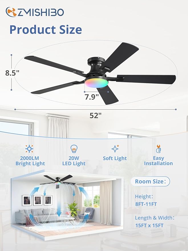 ZMISHIBO 52 Inch RGB Ceiling Fan with Light, App&Remote Control, Flush Mount Low Profile, Dimmable 20W LED Light, Quiet Reversible Motor for Bedroom, Living Room, Apartment, Black