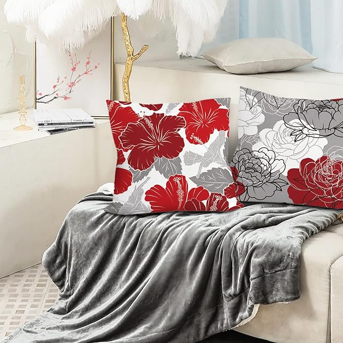 COMMINY Red Grey Pillow Covers 20x20 Set of 6, Daisy Flower Throw Pillow Cover Case Rustic Square Cushion Cover for Sofa Bedroom Living Room Farmhouse Home Decor