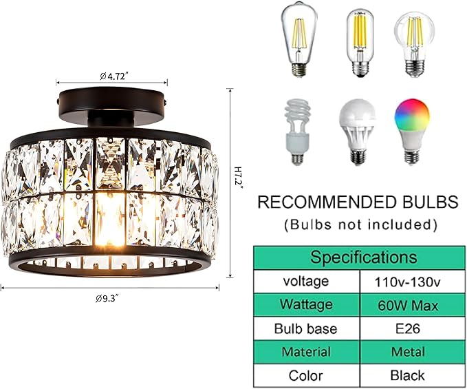 Crystal Ceiling Light Fixture, Modern Semi Flush Mount Ceiling Light,Crystal Chandelier for Kitchen Bedroom Bathroom Entryway, Black Finish
