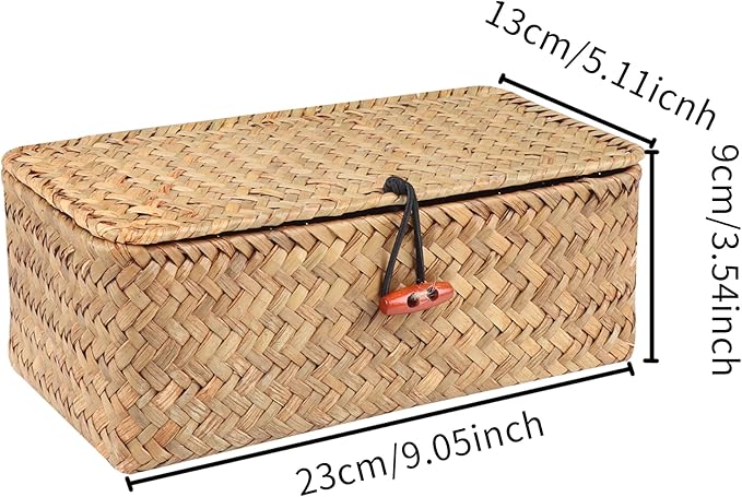 Wicker Shelf Baskets with Lid,Handwoven Seagrass Basket for Storage Basket Bins Rectangular Home Organizer Gift Boxes (Natural Small)