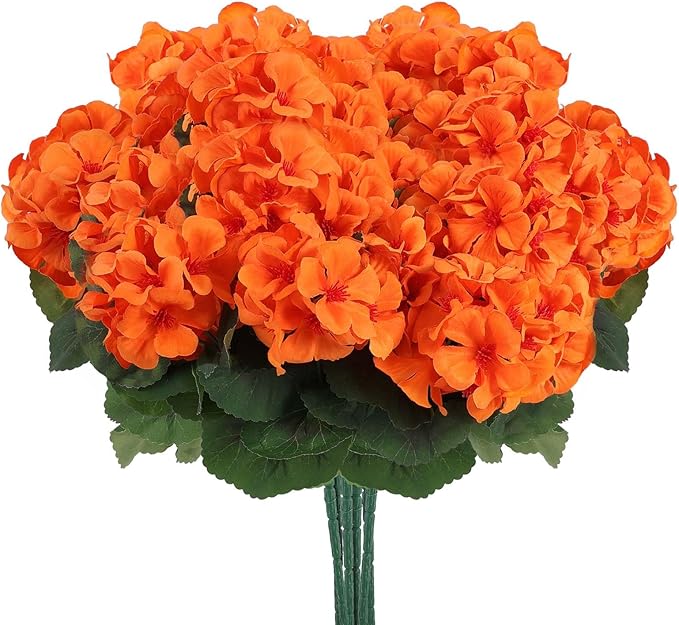 Hananona 12 Pcs Artificial Geranium Flowers for Outdoors Orange Silk Geranium Flowers Outdoor UV Resistant Plants Faux Fall Flower for Home Kitchen Autumn Table Centerpieces Decor (12, Orange)