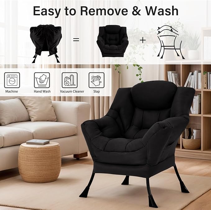 Lazy Chair for Living Room, Modern Accent Chairs with Armrests, Comfy Lounge Chair with Side Pocket, Cozy Lazy Sofa for Reading, Balcony, Bedroom, Dorm, Small Spaces (Black)