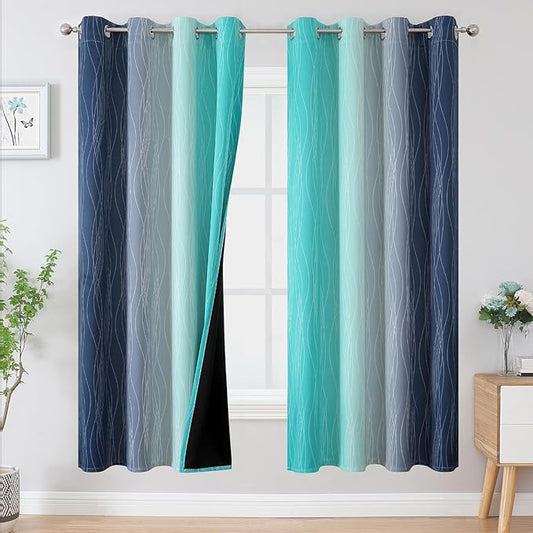 Estelar Textiler Navy Blue and Teal Blackout Curtains 72 Inch Length 2 Panels Set, Full Room Darkening Grommet Ombre Curtains for Bedroom, Thermal Insulated Light Blocking Gradient Drapes, 52Wx72L