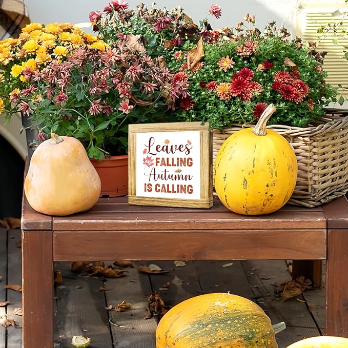 Fall Decoration Sign Autumn Wooden Sign Leaves Are Falling Autumn Is Calling Farmhouse Fall Decor Rustic Home Decoration Thanksgiving Tabletop Plaque Seasonal Leaves Decor 5.9x5.9 Inch