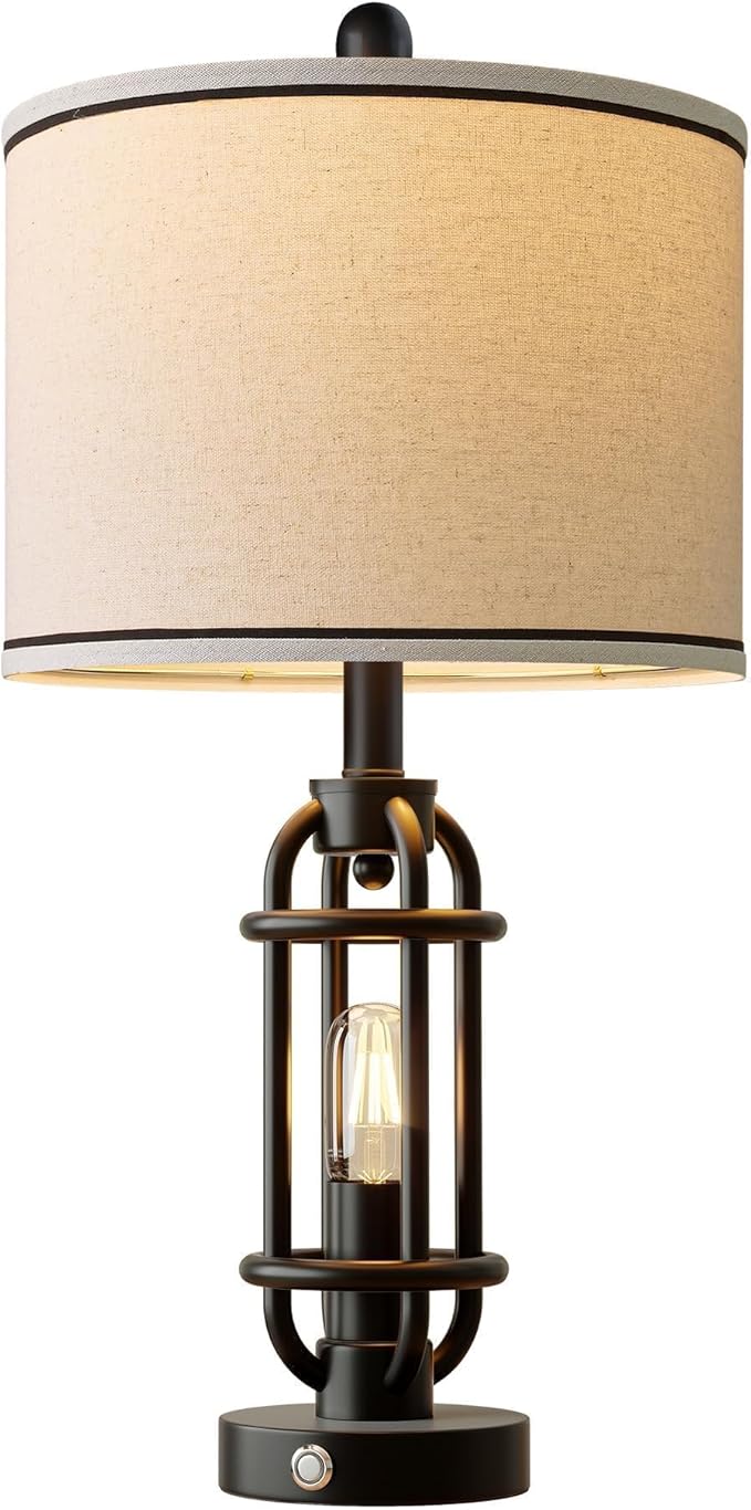 24'' Table Lamps for Living Room Bedroom Industrial Touch Lamp with USB A+C Ports, Night Light Farmhouse Vintage Nightstand Bedside Lamps for Night Stands Metal Black, Bulbs Included