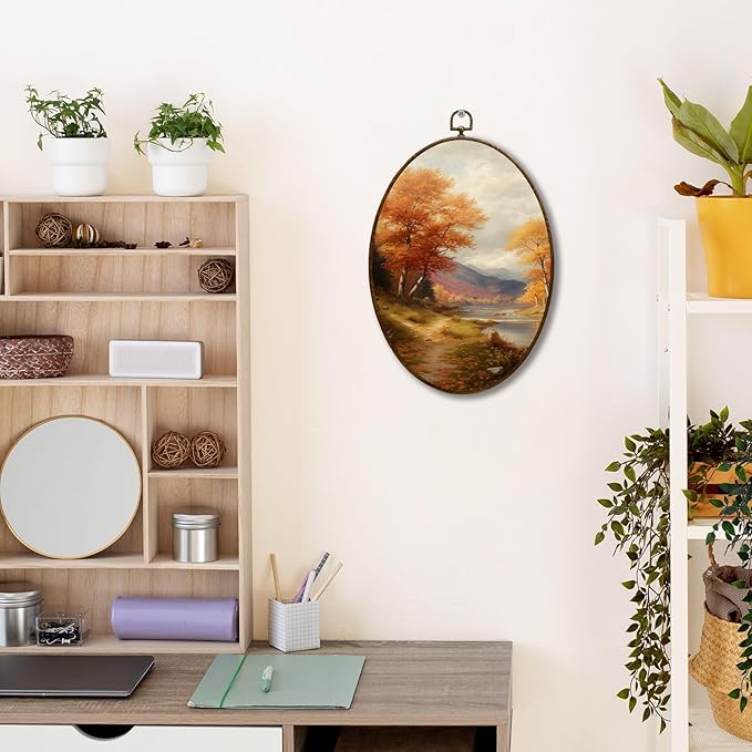 JQF Vintage Fall Oval Wall Art, Rustic Autumn Mountain Landscape Forest Oval Canvas Wall Art, Retro Moody Fall Framed Prints Hanging Decor for Home Bedroom Living Room, 8.5x11.5 Inch