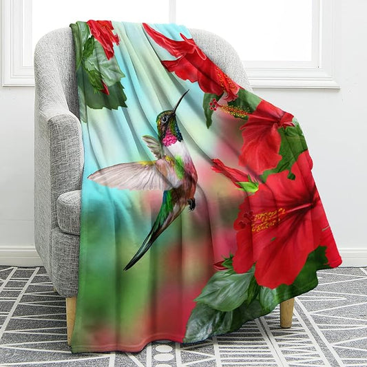 Jekeno Hummingbird Flower Floral Blanket Gifts for Women Girls Wife Mom Mother's Day Valentine's Day Presents Red Flowers Bird Decor for Home Bedroom Soft Cozy Throw Blanket 60"x80"