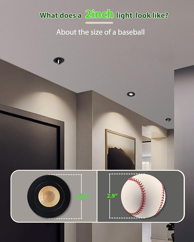 zouzai 5CCT LED Gimbal Led Recessed Light with Junction Box, 360ยฐ+90ยฐ Adjustable Directional Eyeball Lighting, Dimmable, 2700K/3000K/3500K/4000K/5000K,ETL&Energy Star (Black 12 Pack, 2 inch)