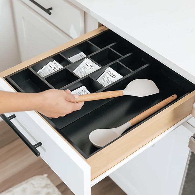 Tea Bag and Coffee Pod Kitchen Drawer Organizer, Expandable 9.7 to 17 Inches, 10 Storage Compartments, Adjustable Wall Inserts, Non-Slip Feet, Food-Safe Black Finish, 100% Bamboo Wood