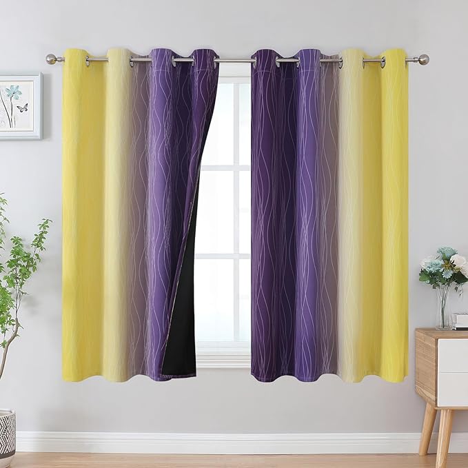 Estelar Textiler Yellow and Purple Ombre Blackout Curtains 45 Inch Length 2 Panels, Full Room Darkening Gradient Drapes for Kitchen, Thermal Insulated Grommet Short Curtains for Bathroom,52Wx45L