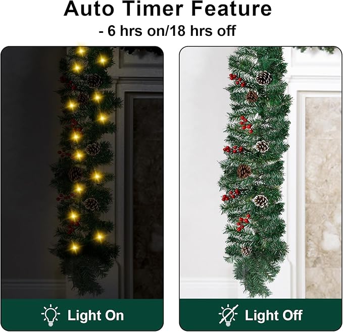 10Ft Christmas Garland with 50 LED Lights - 2 Pack Pre-lit Outdoor Xmas Garland with Timer - Pine Garland with Red Berries Snow Pine Cones - 10 Foot by 10 Inch