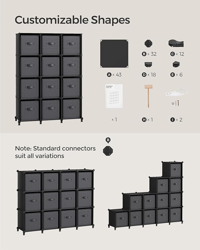 SONGMICS Cube Storage Organizer with Storage Boxes, Set of 12-Cube Organizer, 12 Collapsible Non-Woven Fabric Bins, Customizable, Space-Saving, Bedroom, Ink Black and Dove Gray ULPC122B01