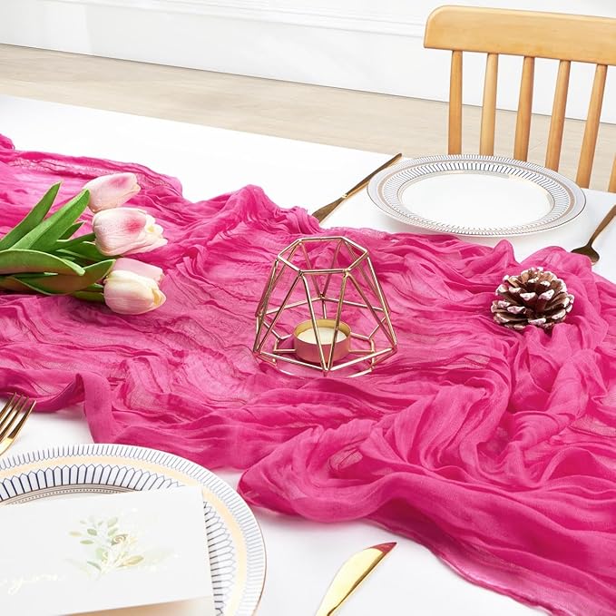 FEXIA Rose Red Table Runner 35x120 Inches for Baby Shower Decoration Gauze Rustic Table Runner for Wedding Party First Communion Centerpiece Engagement Bridal Shower Boho Decoration