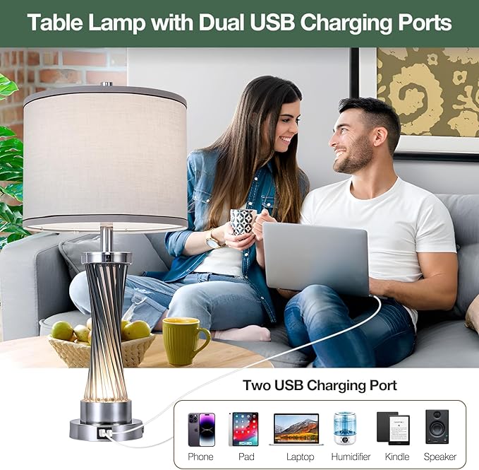 3-Way Dimmable Table Lamp Set of 2,Touch Control Lamp with Night Light,Modern Blue Crystal Table Lamps for Bedroom,Living Room,Bedside Lamps with USB A+C Ports,Fabric Lampshade(Blubs Included)