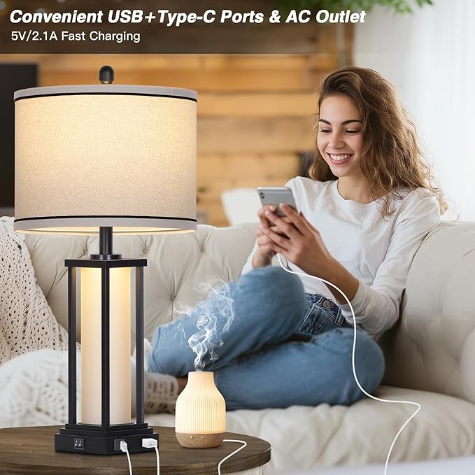27in Tall Farmhouse Table Lamp with USB C+A & Outlet,Black Industrial End Table Lamp for Living Room,Vintage Rustic Bedside Lamp with Night Light for Bedroom Nightstand,Single Black
