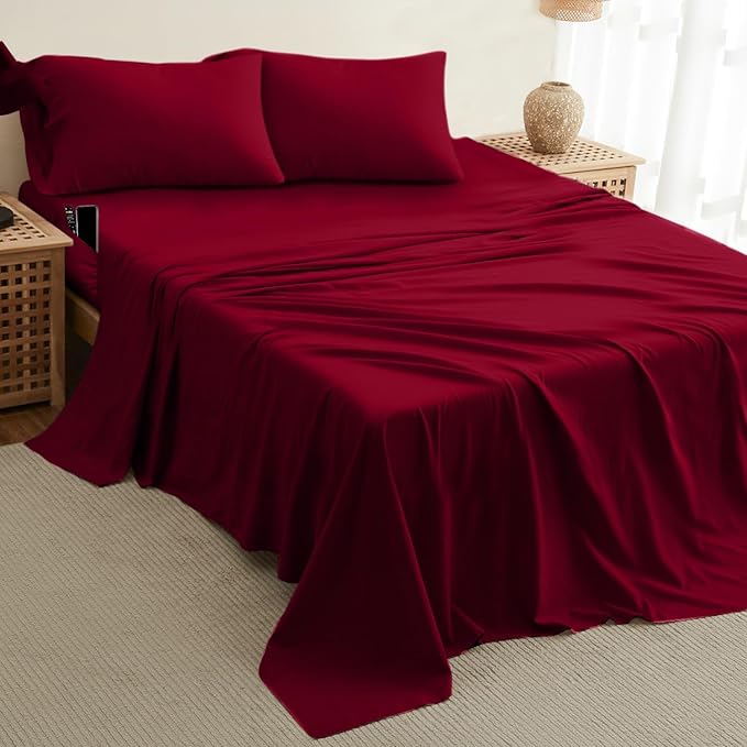 DREAMCARE Twin XL Sheet Set - Cooling Bed Sheets - 4pc Set - up to 15" Deep Pocket Twin XL Sheets - Soft & Long Lasting 100% Fine Brushed Polyester with Side Pocket - Burgundy