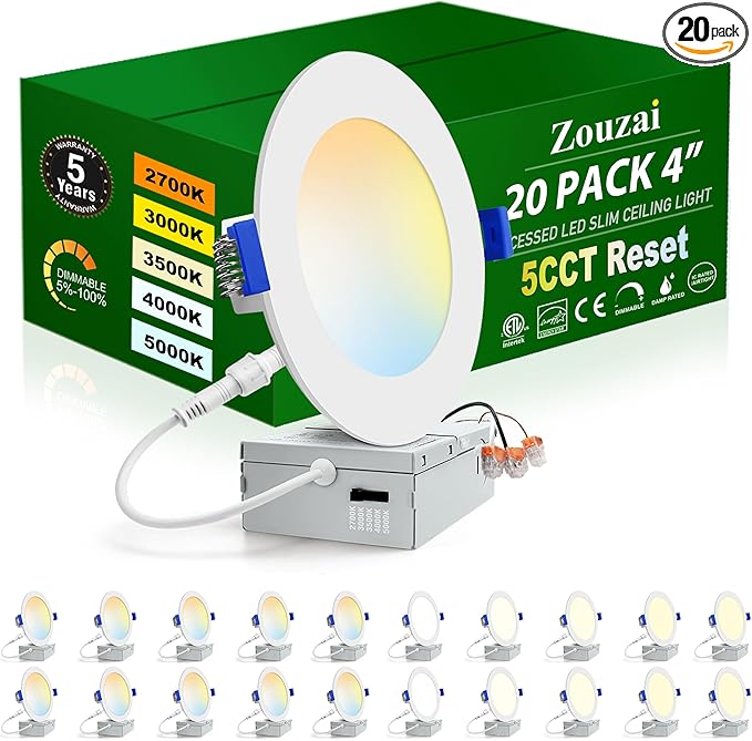 zouzai 20 Pack 4 Inch Ultra-Thin LED Recessed Ceiling Light with Junction Box 5CCT Adjustable Dimmable Can-Killer Downlight - ETL and Energy Star Certified