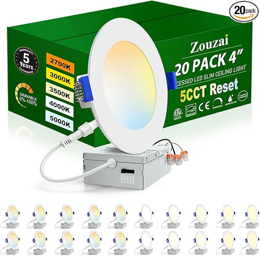 zouzai 20 Pack 4 Inch Ultra-Thin LED Recessed Ceiling Light with Junction Box 5CCT Adjustable Dimmable Can-Killer Downlight - ETL and Energy Star Certified