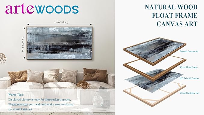 arteWOODS Abstract Framed Wall Art - Deep Blue Black Canvas Pictures Wall Decor Rustic Minimalist Vintage Painting Artwork Elegant Stylish Prints for Living Room Bedroom 58 x 29in Natural Wood Frame