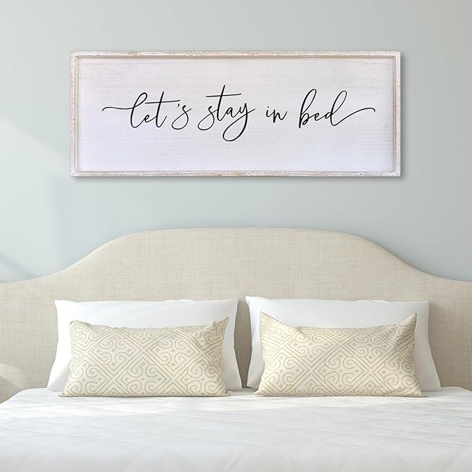 Surfapans Lets Stay In Bed Wall Decor 40”X15” Large Farmhouse Master Room Above Bed Soild Wood Framed Rustic Guest Room Sign Beautiful And Simple Plaque Over Bed Hanging Wall Art Decoration (White)
