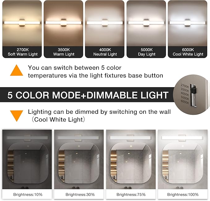 Bathroom Vanity Light Brushed Nickel Square LED 24 inch 14W 4000K Natural White Light Wall Bar Lighting Fixtures Over Mirror (Brushed Nickel, 33.5 inch 5CCTDimmable)