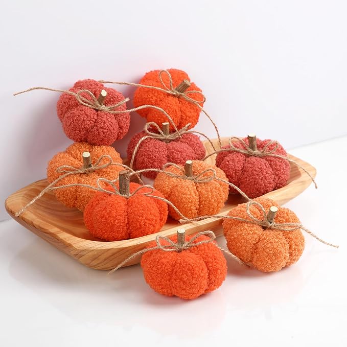 Fake Fall Pumpkin Decorations for Home, 9 Pcs Artificial Mini Fabric Pumpkins Autumn Decor, Fake Pumpkins for decorating, Fall Wedding Table Centerpiece Mantel Harvest Decor, Halloween, Thanksgiving