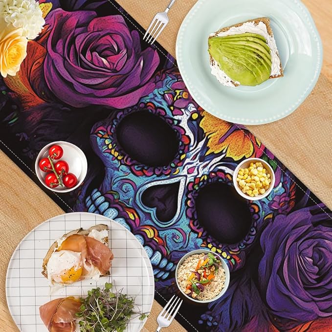 ANNA QUEEN Flowers Table Runner 13 x 72 Inch for Dining Table, Table Runner for Spring & Holiday Dining Decor Indoor Outdoor Party Home Table Decoration (Skull Flowers)