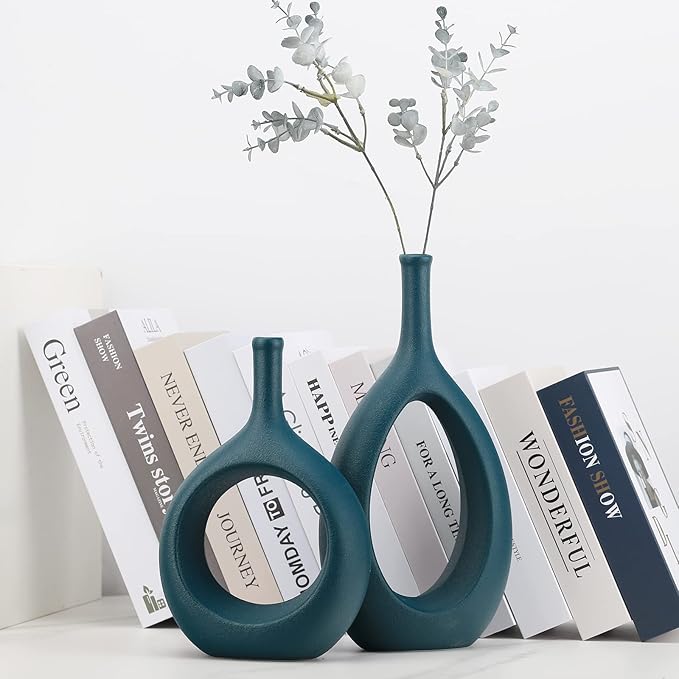 Green Ceramic Hollow Elliptical Vase Set of 2 - Boho Circle Vase with Hole, for Modern Green Table Decor, Living Room Decor Shelf mid Century Modern Home Entrance Decorative vase