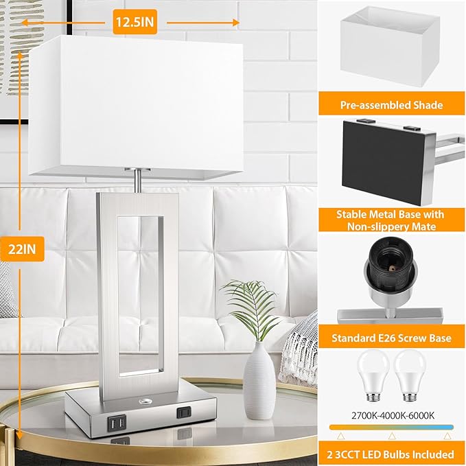22ββ Touch Control Table Lamps Set of 2, 3 Color Temperatures Bedroom Bedside Lamps, Modern Silver Dimmable Lamps with USB Ports & AC Outlet, Tall Living Room Lamps for Nightstand End Table, 2 Bulbs