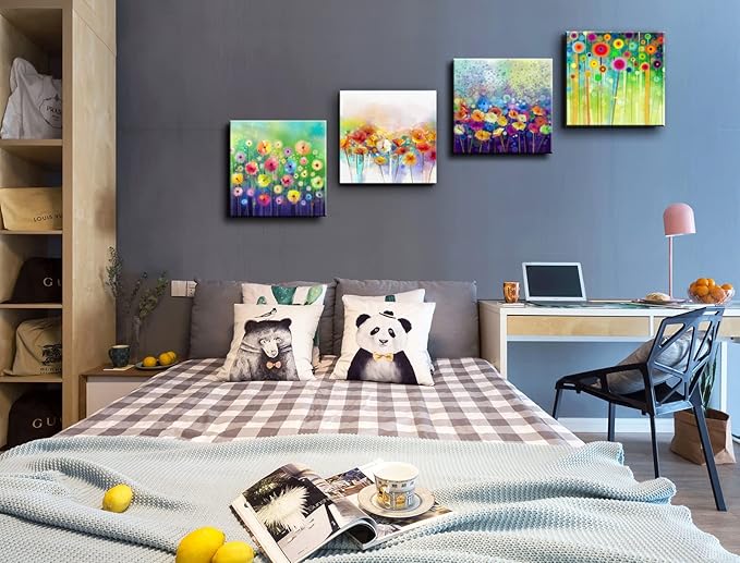 Flowers Bathroom Decor Canvas Wall Art, Colorful Floral Artwork Painting Prints Modern Pictures Framed for Bedroom Office Living Room Decorations - 12"x12"x4 panel