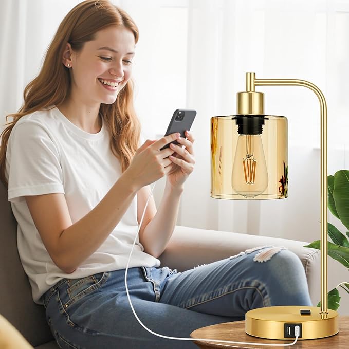 Set of 2 Industrial Touch Control Table Lamps with 2 USB Ports and AC Outlet - 3-Way Dimmable Gold Bedside Lamp Nightstand Desk Lamps for Bedroom Living Room, Amber Glass Shade & 2 LED Bulbs Included