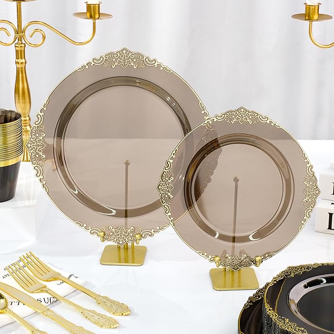350 PCS Black and Gold Plastic Plates, Disposable Dinnerware Set for 50 Guests, 100 Disposable Plates, 150 Silverwares, 50 Cups, 50 Napkins for Wedding, Party, Graduation