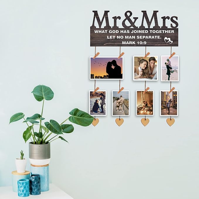Yudarte Mr & Mrs Bedroom Decor for Couples - Wall Picture Hanging Collage Board with Clips and Twine 13.5x5.5 Inches - Religious Marriage Gifts for Couple - What God Has Joined Together Mark 10:9