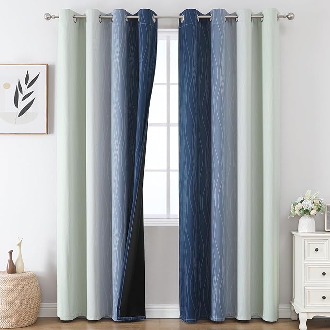 Estelar Textiler Navy Blue and Sage Green Ombre Blackout Curtains 90 Inches Long 2 Panels for Living Room, Thermal Insulated Drapes for Bedroom, Full Light Blocking Curtains for Sliding Door,52Wx90L