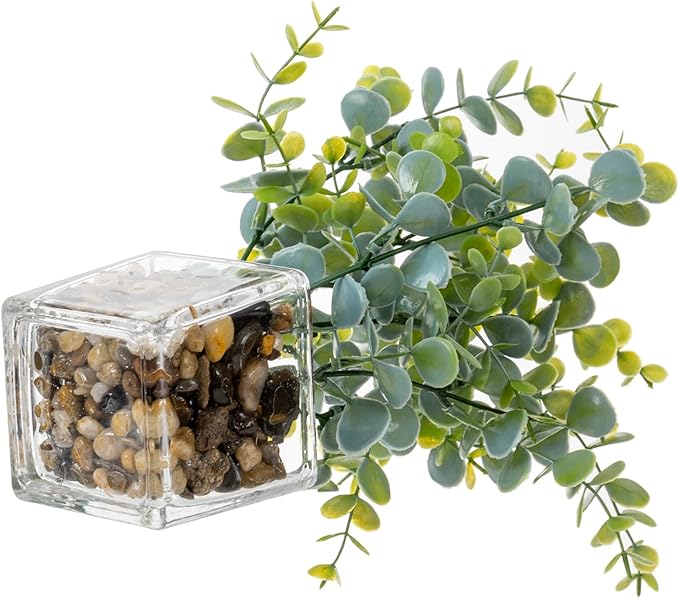 MyGift Artificial Rosemary Eucalyptus and Boxwood Plants Potted in Clear Glass Square Pots, Assorted Faux Greenery Indoor Home Table Centerpiece Office Desk Decor, 3 Piece Set