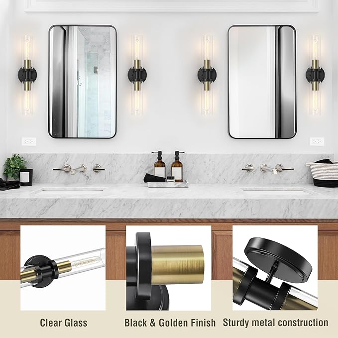 Espird Wall Sconces Set of Two Black & Gold, Bathroom Light Fixtures 2-Light,Bathroom Vanity Lights Over Mirror, Industrial Lighting, Modern Brushed Brass Vanity Lighting Fixtures