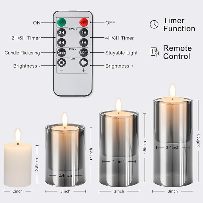 NURADA Flameless Candles with Remote Timer - Glass Real Wax 3D Wick LED Pillar Votive Candle Set Battery Operated Flickering Light for Home Christmas Decoration -Grey 3 Pack