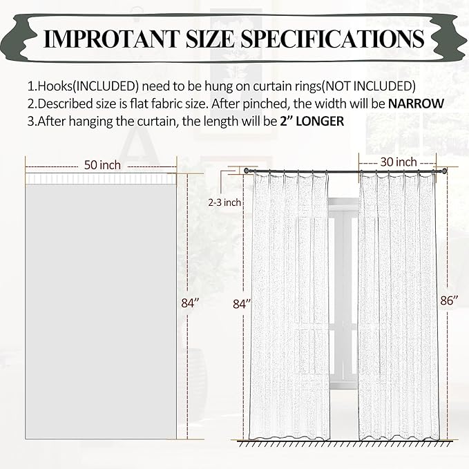 102 Inch Long Curtains Sheer Linen Faux, Natural Light Filtering 2 Panels Set, Neutral Cream Beige Farmhouse Drapes for Living Room, DIY Pinch Pleat Sliding Glass Door Curtain