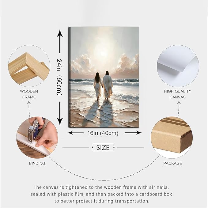 Jesus and Woman Walking on Water Canvas Wall Art Religious Coastal Wall decor pictures Christian Painting poster prints for living room bedroom Home Decoration Ready to hang (16inx24in Canvas)