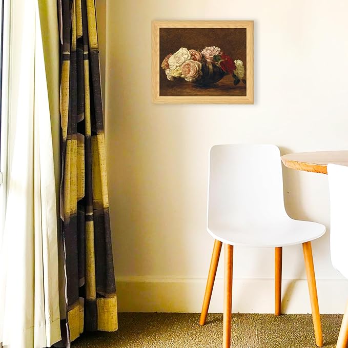 Brivoria Framed Canvas Wall Art Vintage Decor, Antique Floral Still Life Print with Roses and Warm Autumn Background for Entryway Hallway Reading Nook Office or Bathroom Classic Fall Display, 13"x16"