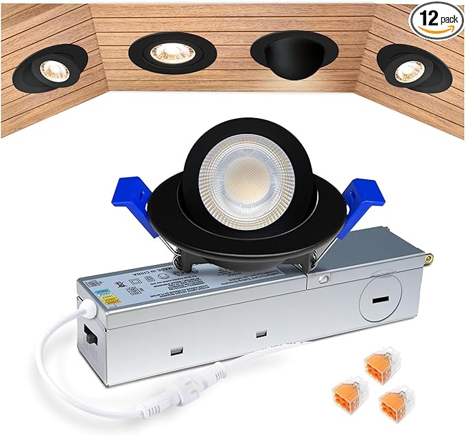 zouzai 5CCT LED Gimbal Led Recessed Light with Junction Box, 360ยฐ+90ยฐ Adjustable Directional Eyeball Lighting, Dimmable, 2700K/3000K/3500K/4000K/5000K,ETL&Energy Star (Black 1 Pack, 2 inch)