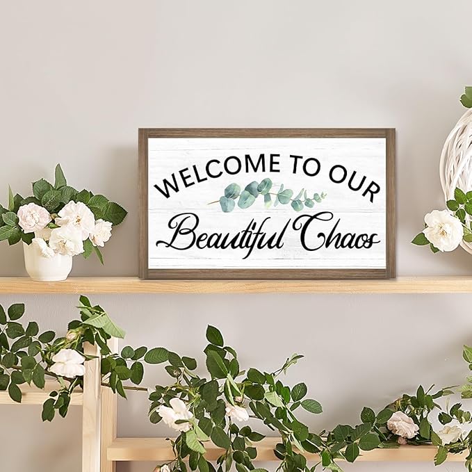 Welcome to Our Beautiful Chaos Wooden Box Sign Desk Decor,Rustic Family Saying Wood Block Sign for Home Farmhouse Bedroom Shelf Tabletop Wall Decor