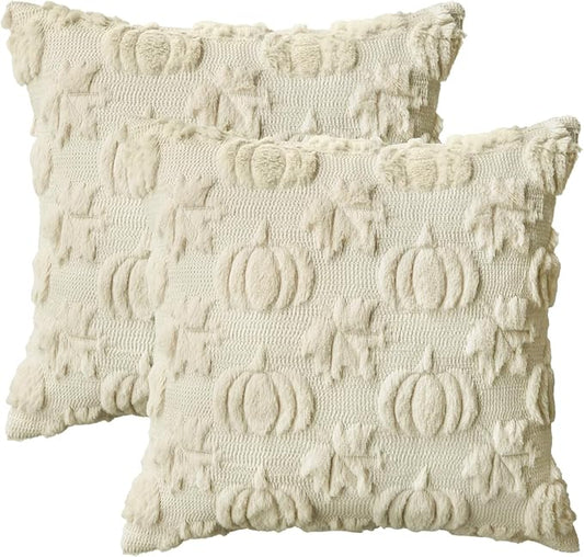 AVOIN colorlife Fall Pumpkin Maple Leaves Beige Throw Pillow Covers, 18 x 18 Inch Seasonal Autumn Thanksgiving Harvest Soft Plush Faux Fur Jacquard Cushion Case Decoration for Sofa Couch Set of 2