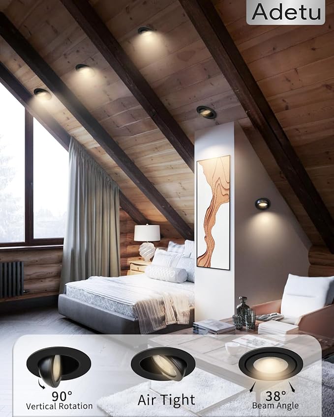 Adetu 3 Inch Gimbal Black Led Recessed Lighting, 360°+90° Adjustable Directional Led Recessed Lights, 2700K/3000K/3500K/4000K/5000K Dimmable Retrofit Eyeball Can Lights with Jbox,ETL (Black, 1 Pack)