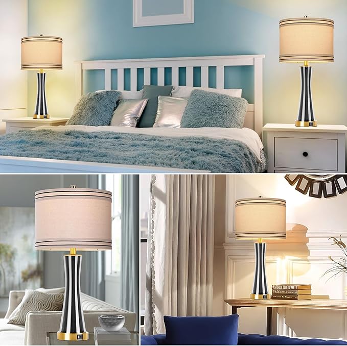 27.4''Table Lamps for Living Room Set of 2,3-Way Dimmable Modern Glass Bedside Lamps with USB Ports,Tall Lamps for Night Stands,Touch End Table Lamps for Bedroom Desk Lamps for Home Office(Grey)