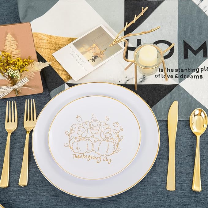 YOUBET 125PCS Thanksgiving Plastic Plates - Fall Plastic Plates with Gold Rim & Gold Silverware include 25Dinner Plate, 25Salad Plate, 25Knives, 25Forks, 25Spoons for Thanksgiving Party