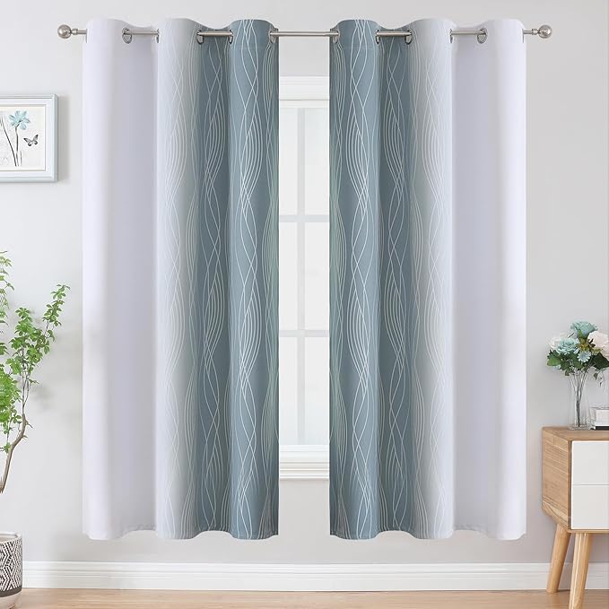 Estelar Textiler Stone Blue and Greyish White Ombre Blackout Curtains 72 Inches Length for Bedroom, Thermal Insulated Light Blocking Grommet Gradient Blackout Drapes for Living Room, 42Wx72L, 2 Panels