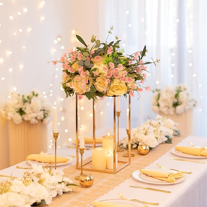 Sziqiqi Wedding Centerpieces Vase for Tables with Plates - 10 Pcs Metal Column Geometric Flower Stand 15.7in Gold Flower Display Rack Decorations for T-Stage Reception Party Fiesta Event Home