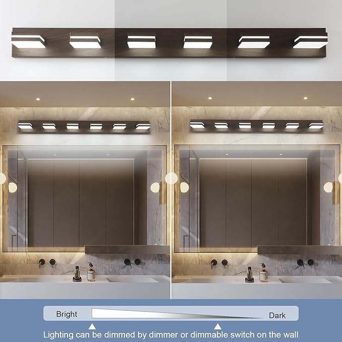 SineRise LED Modern Bathroom Vanity Light Fixtures (6-Light, 48-Inch, Dimmable), Brown Wood Painted Modern Acrylic Bathroom Wall Lighting Fixtures Over Mirror (Cool White 6000K)